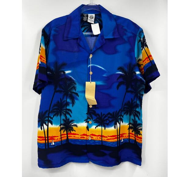 Kennington 90s‎ Blue Hawaiian Tropical Short Sleeve Button Up Camp Shirt L NWT - Picture 1 of 8
